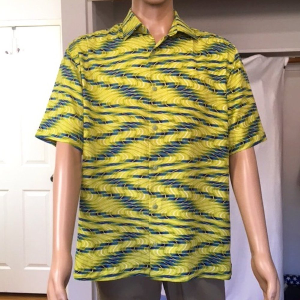 NWOT - Jhane Barnes, Men, short sleeve 100% silk, Lime Green/Blue, size M